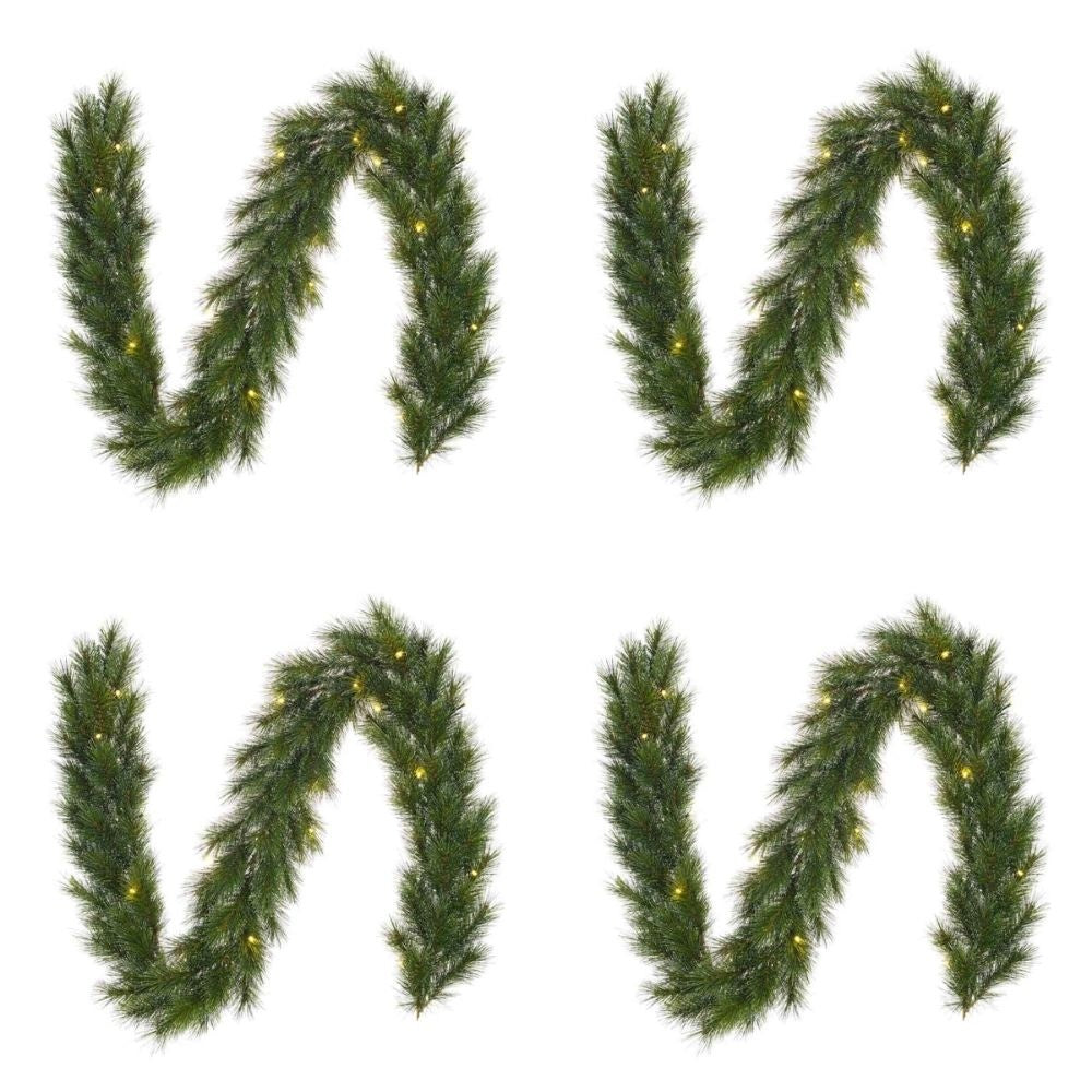 Glendon kerstguirlande set van 4 | groen met bevroren details & LED lampjes | 270cm