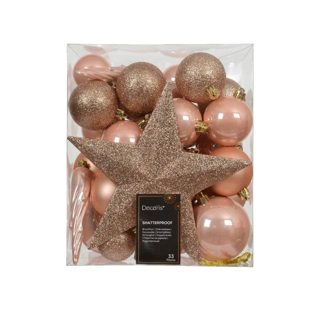 Kerstballen mixbox met piek 33-delig | parelroze | diverse maten