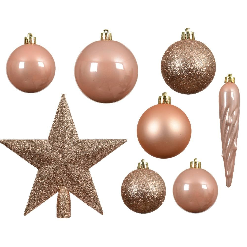 Kerstballen mixbox met piek 33-delig | parelroze | diverse maten