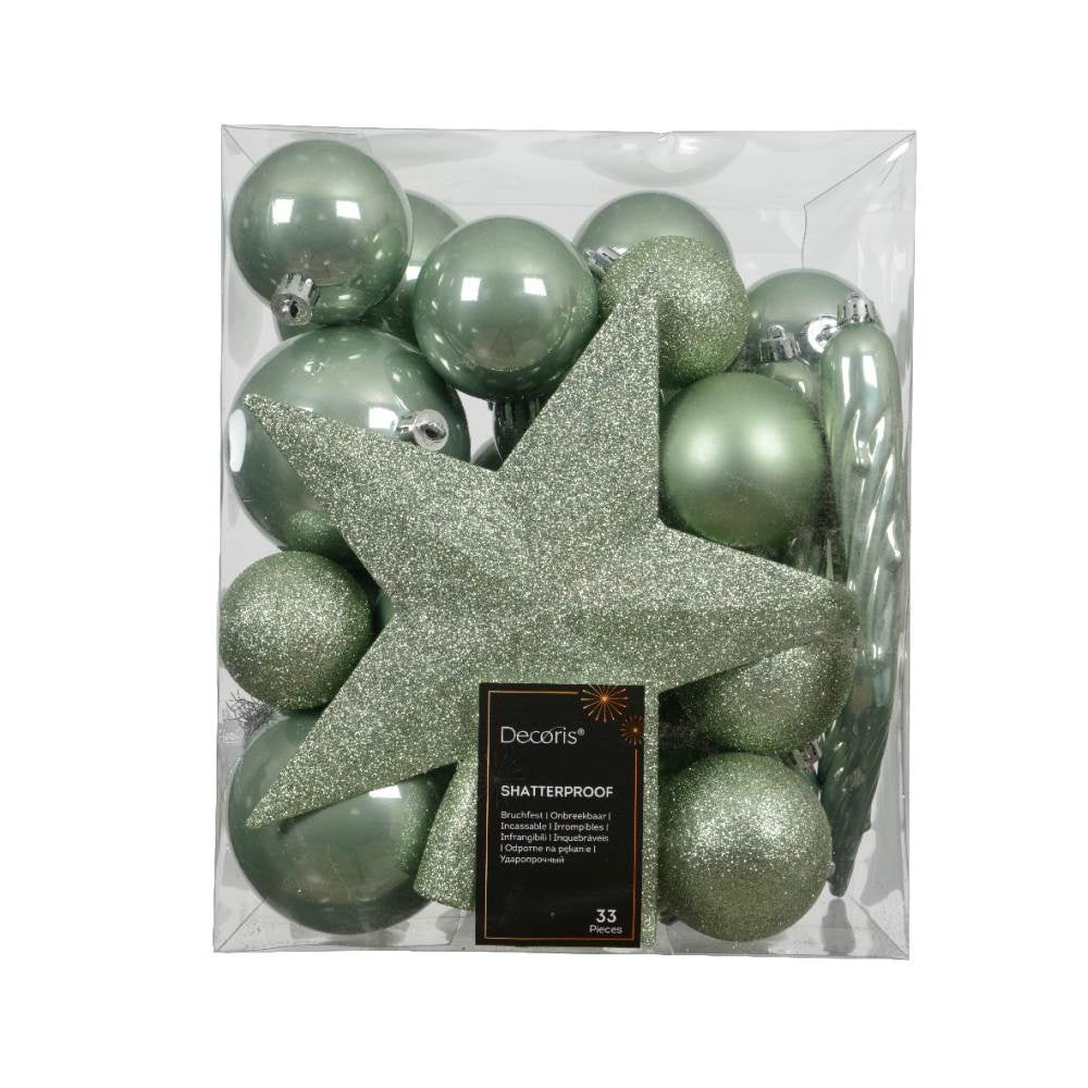Kerstballen mixbox met piek 33-delig | lichtgroen | diverse maten