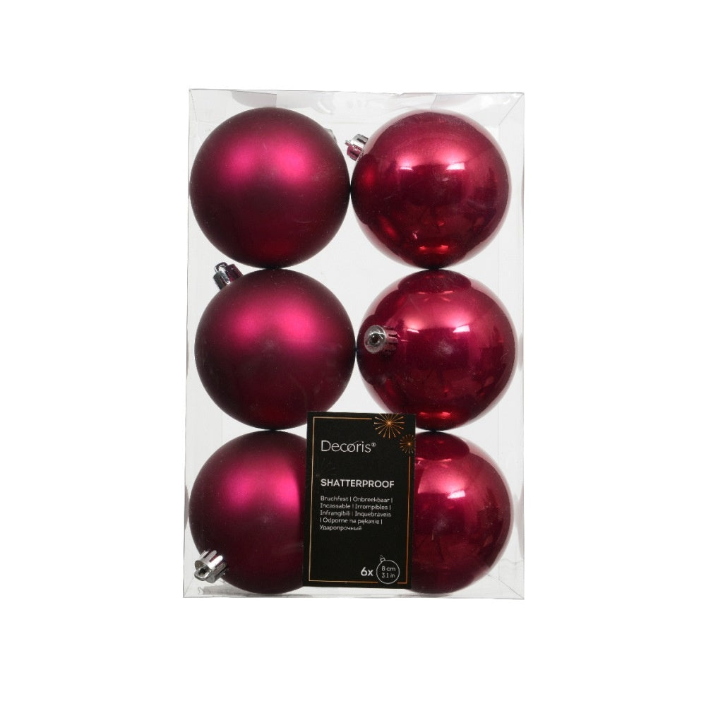 Kerstballen mixbox 6-delig | glanzend/matte | plastic | donkerroze | 6cm