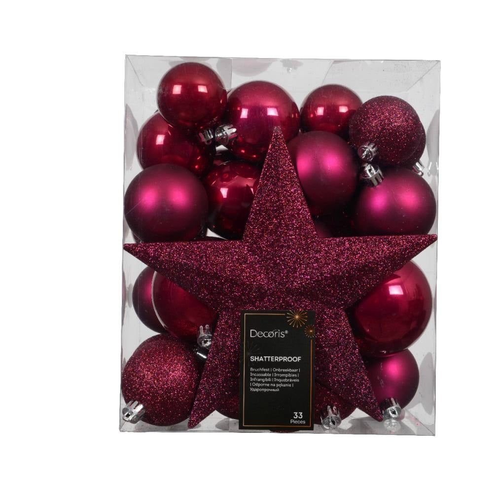 Kerstballen mixbox met piek 33-delig | donkerroze | diverse maten