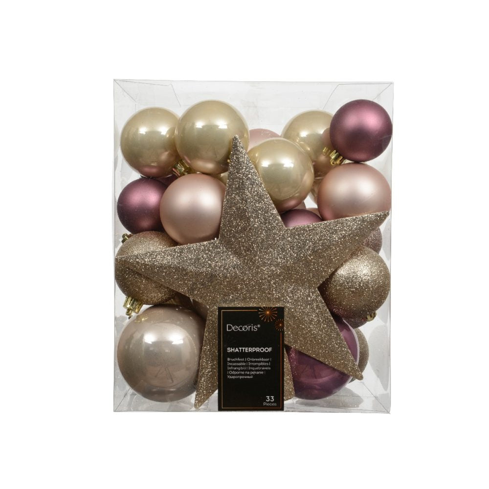 Kerstballen mixbox met piek 33-delig | roze | diverse maten