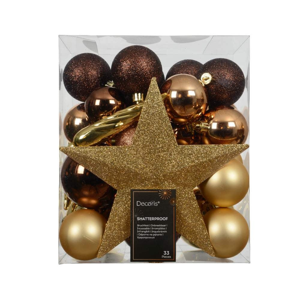 Kerstballen mixbox met piek 33-delig | bruin/goud | diverse maten