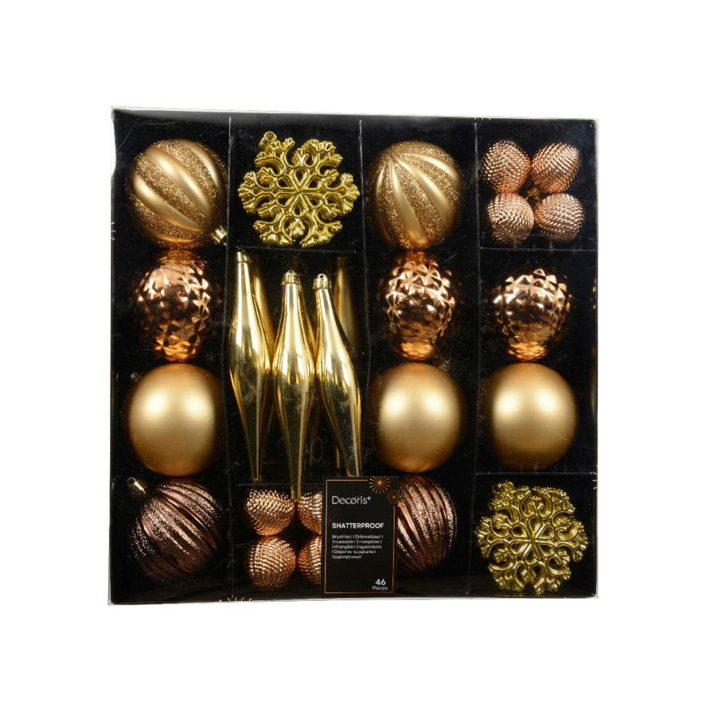 Kerstballen mixbox 46-delig | glanzend/mat/glitter | bruin/goud