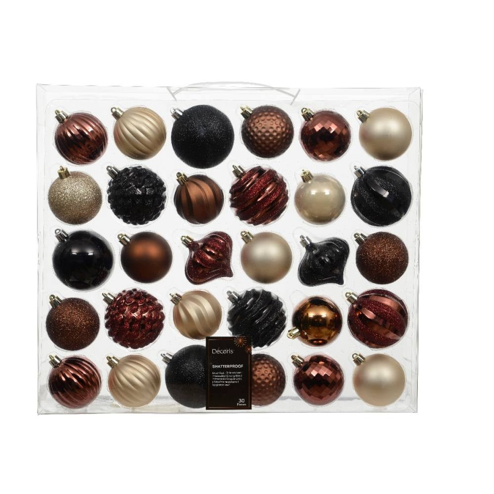 Kerstballen mixbox 30-delig | plastic | bruin/wit/zwart