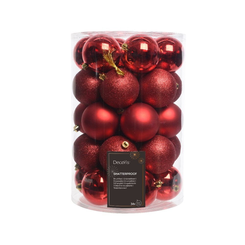 Kerstballen mixbox 34-delig | glanzend/matte/glitter | plastic | rood | 8cm
