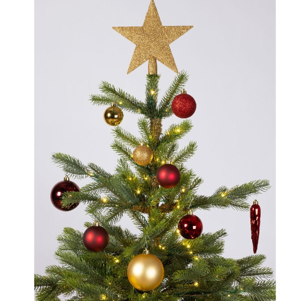 Kerstballen mixbox met piek 33-delig | goud met rood | kunststof/onbreekbaar | diverse maten