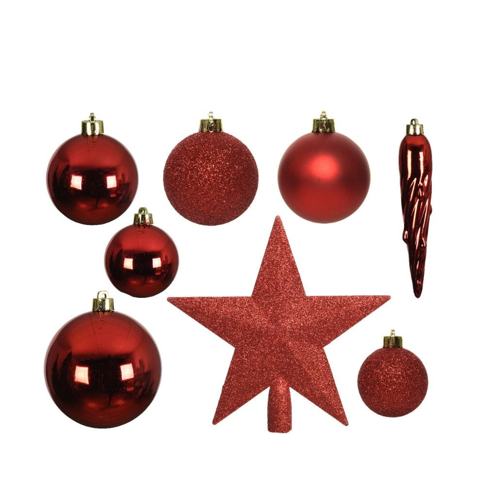Kerstballen mixbox met piek 33-delig | kerstrood | kunststof/onbreekbaar | diverse maten