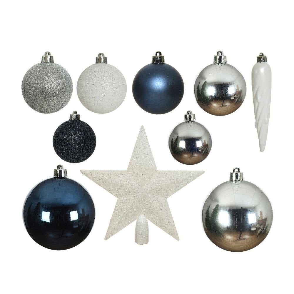 Kerstballen mixbox met piek 33-delig | zilver en nachtblauw | kunststof/onbreekbaar | diverse maten