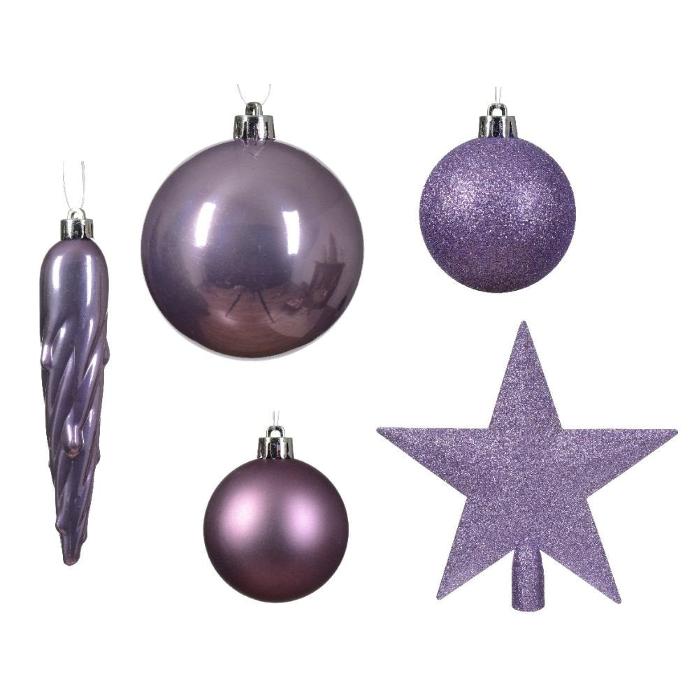 Kerstballen mixbox met piek 33-delig | kristal lila | kunststof/onbreekbaar | diverse maten