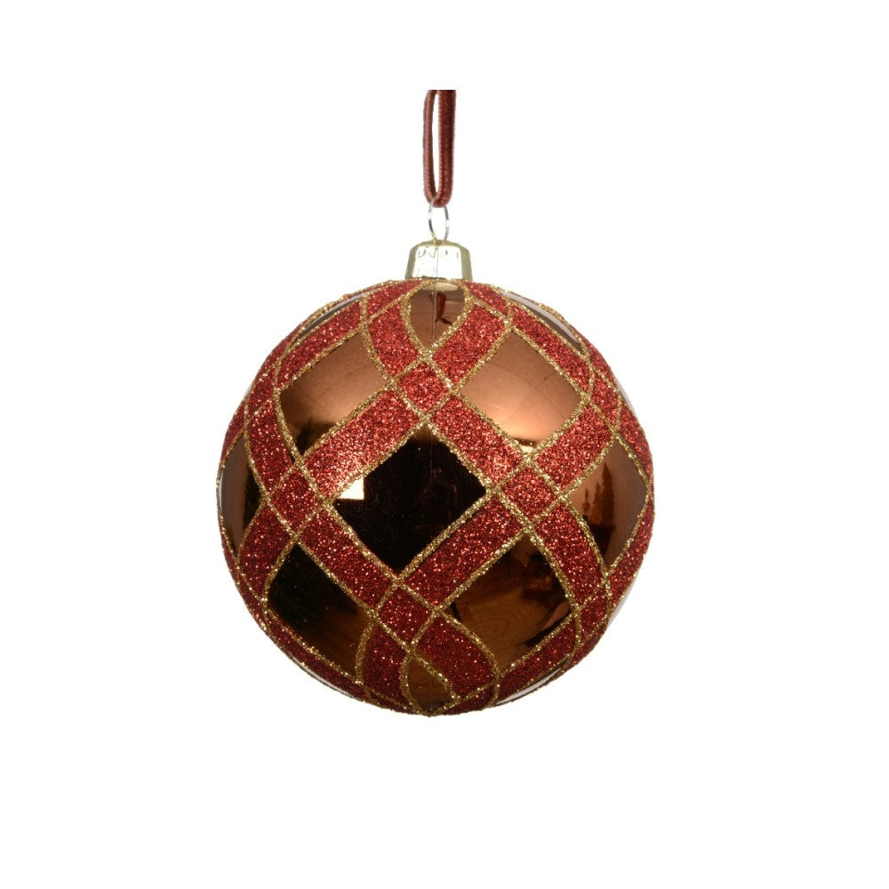 Kerstbal | plastic | bruin/rood met glitters | 8cm
