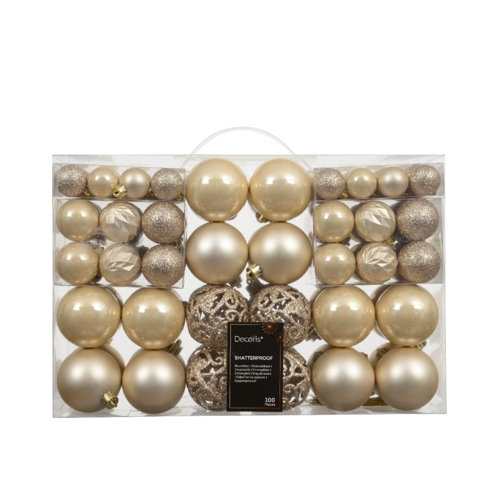 Kerstballen mixbox 100-delig | glanzend/matte/glitter | plastic | parel | diverse maten