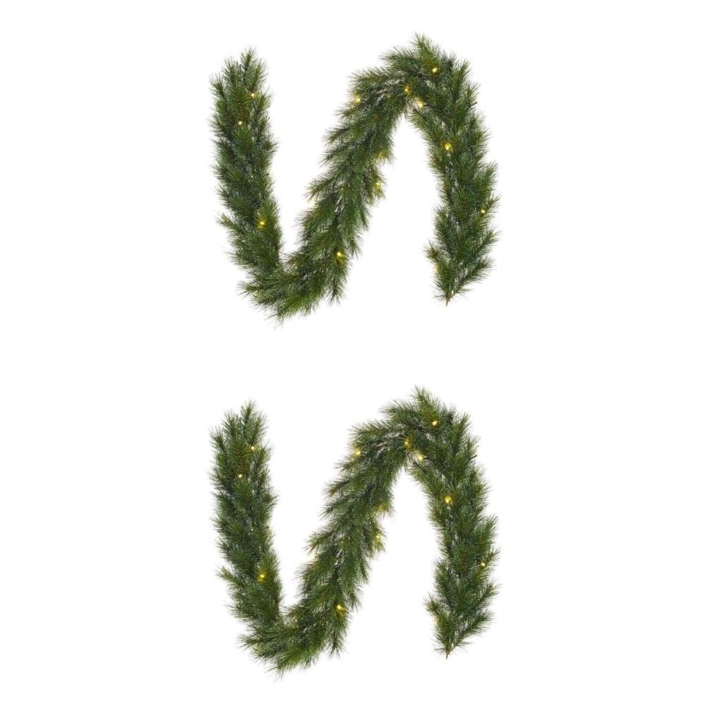Glendon kerstguirlande set van 2 | groen met bevroren details & LED lampjes | 270cm