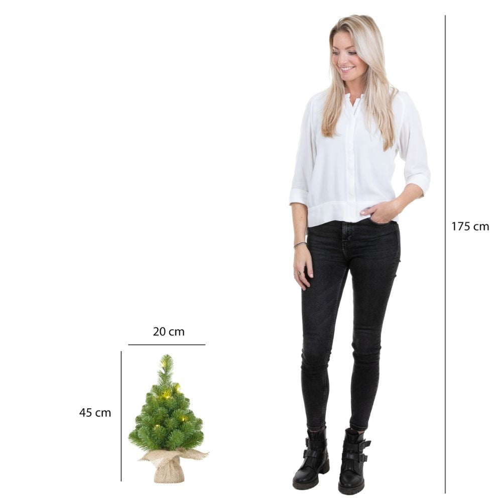 Norton kerstboompje in jute zak 45xø20cm | groen met 10 LED lampjes