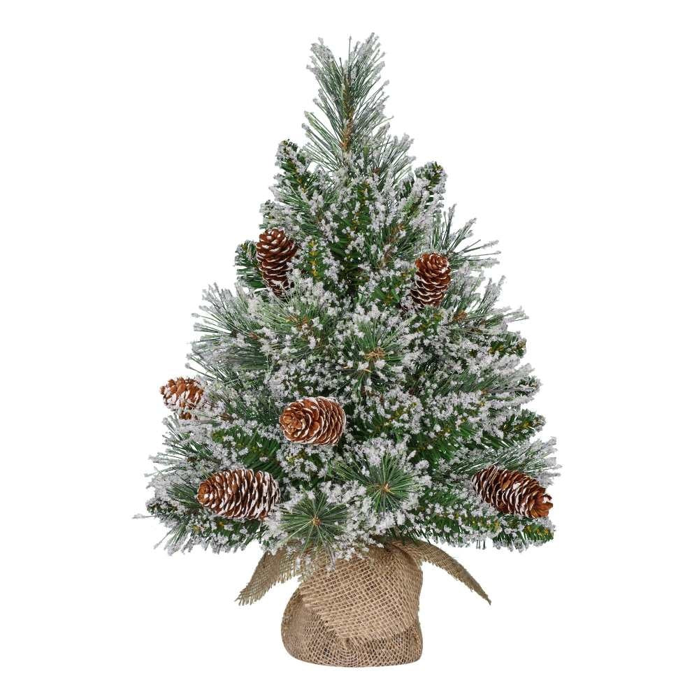 Vandans kerstboompje in jute zak 45xø30cm | groen met bevroren details & dennenappels