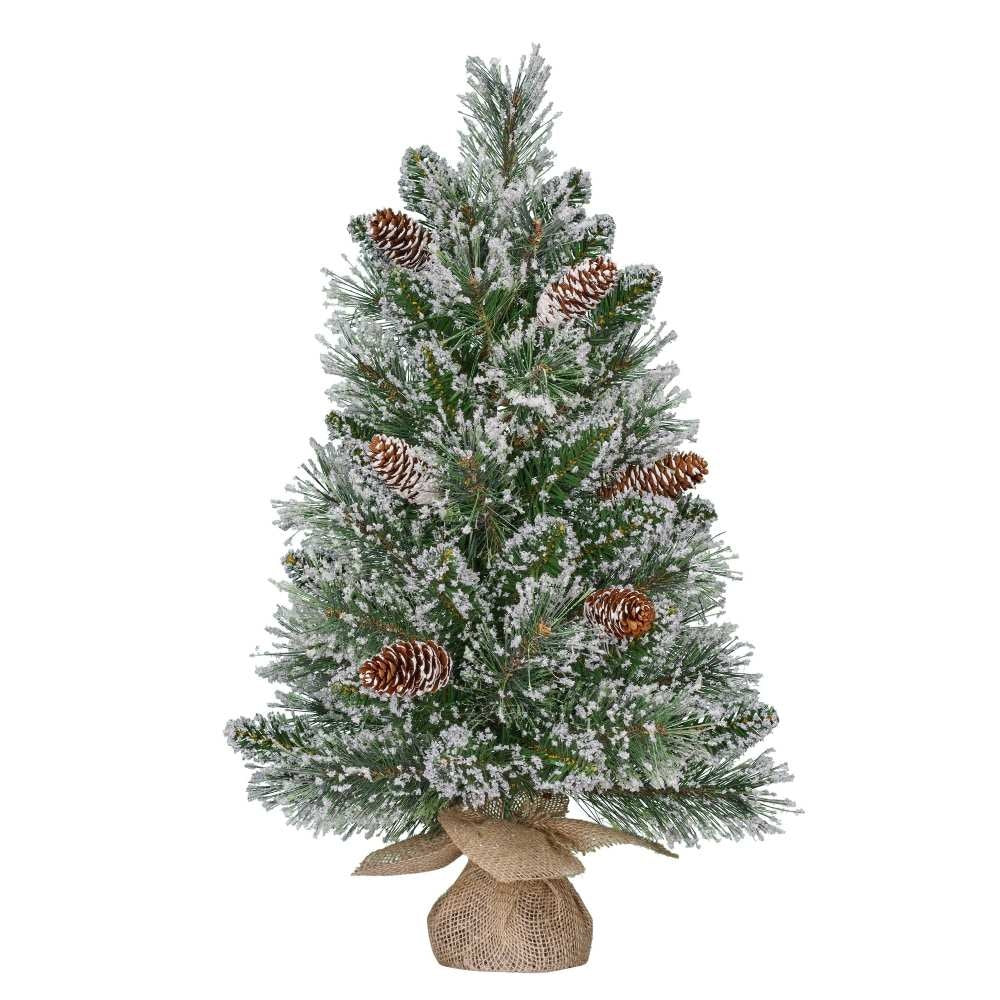 Vandans kerstboompje in jute zak 60xø36cm | groen met bevroren details & dennenappels