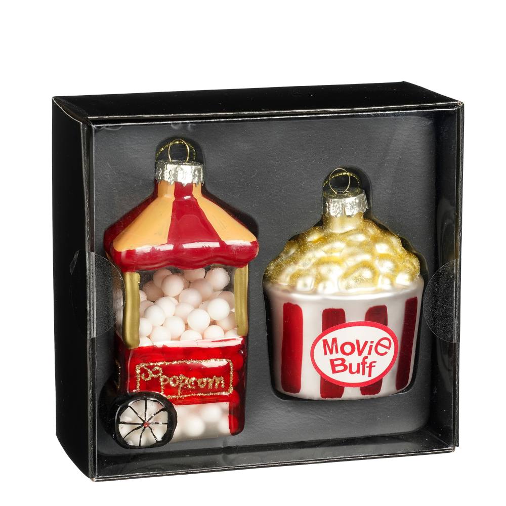 Kersthanger popcornkarretje box | 2-delig | glas | rood
