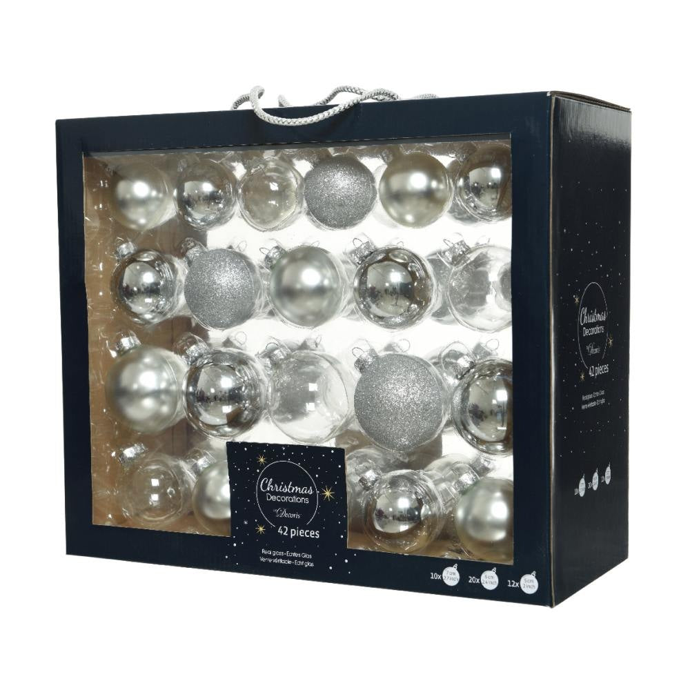 Kerstballen mixbox 42-delig | glanzend/matte/glitter | glas | zilver | diverse maten