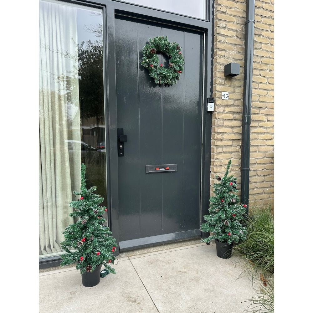 Creston twee kerstboompjes + krans 90xø45cm | groen met 85 LED lampjes  | set van 3 | voordeur versiering