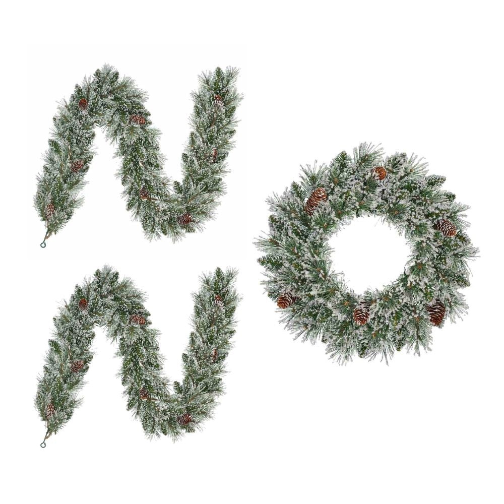 Vandans twee kerstguirlandes + krans 180xø60cm | bevroren details & dennenappels