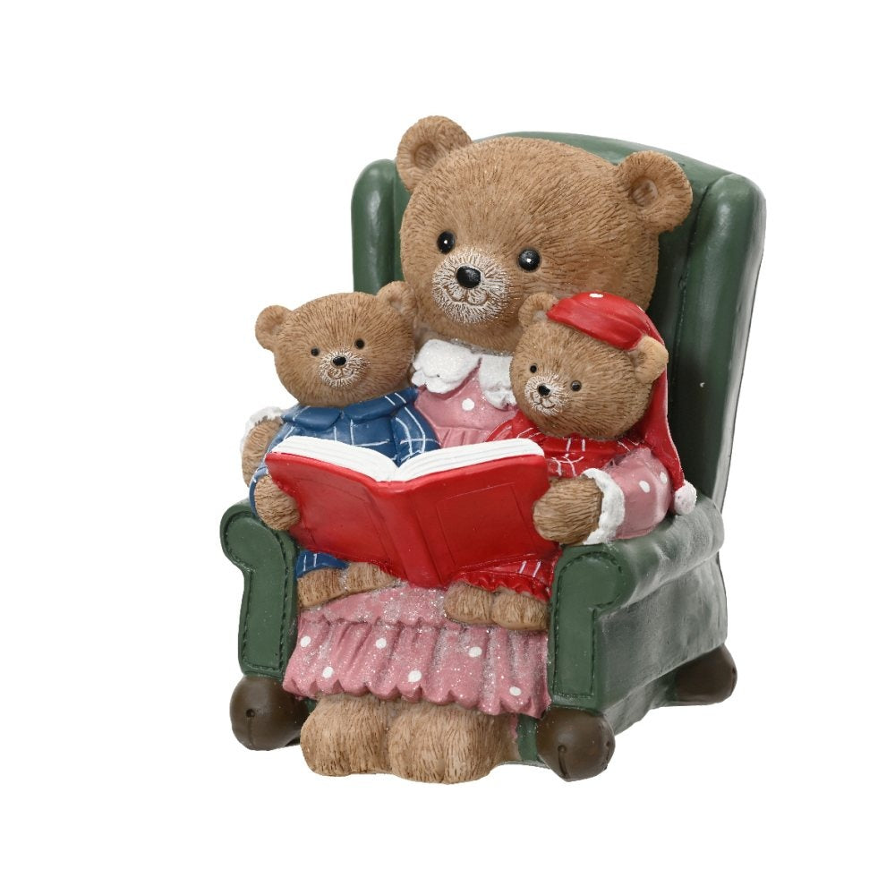 Beren met boek in stoel | polyresin | 17cm