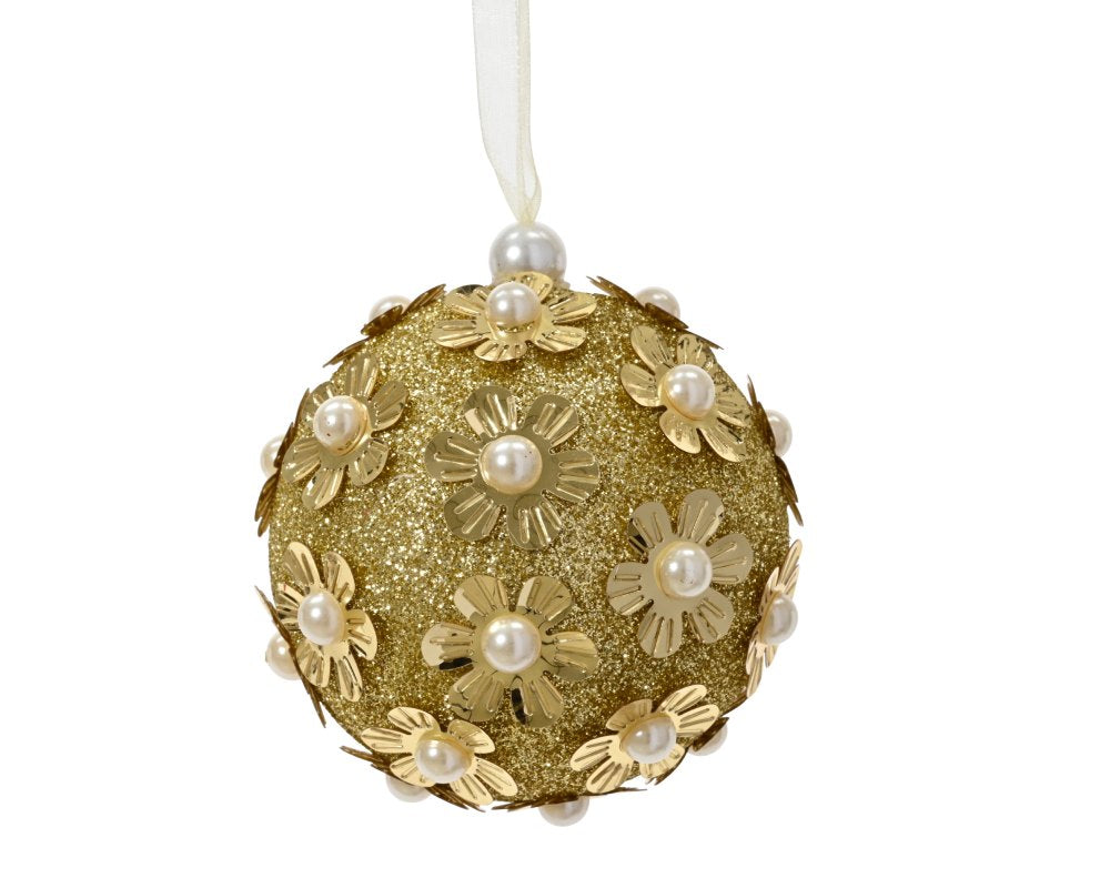 Kerstbal | foam | goud met glitters en parels | 8cm