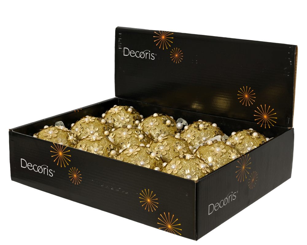 Kerstbal | foam | goud met glitters en parels | 8cm