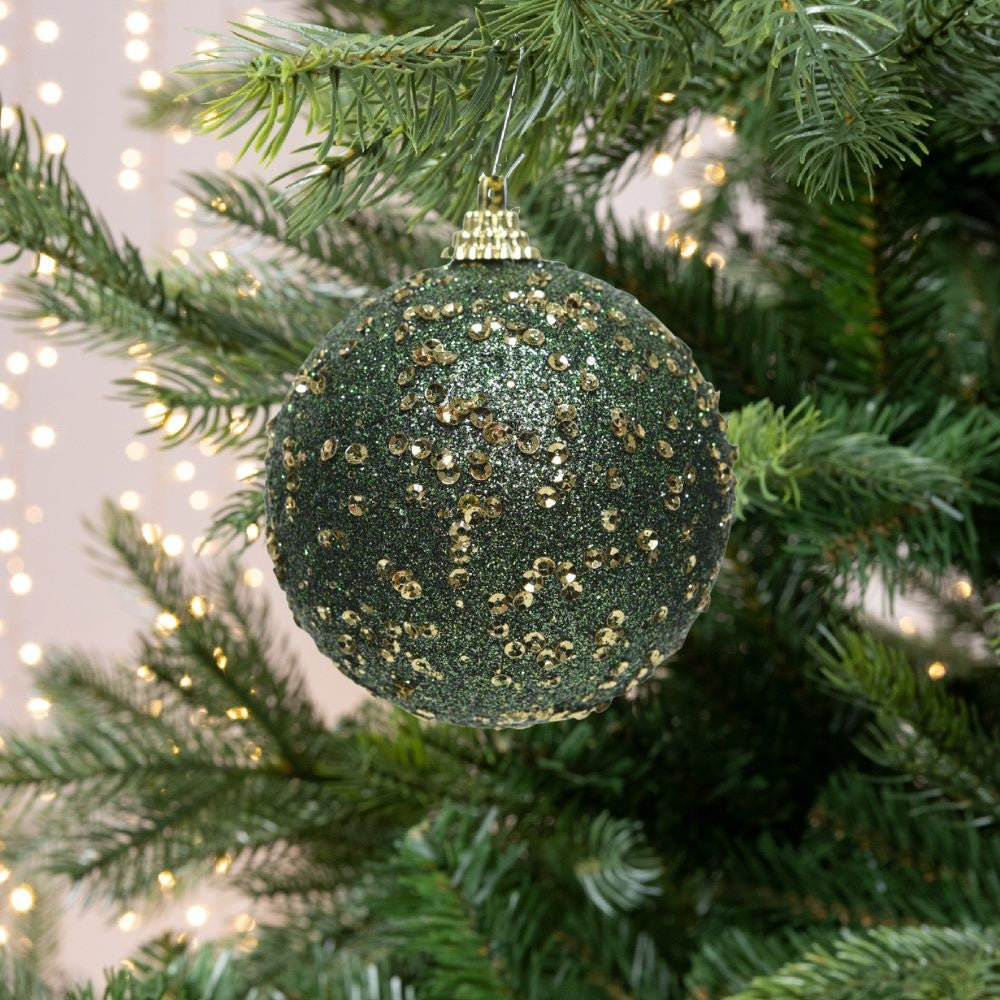 Gedecoreerde kerstbal ø8cm | foam | dennengroen met kralen en glitters