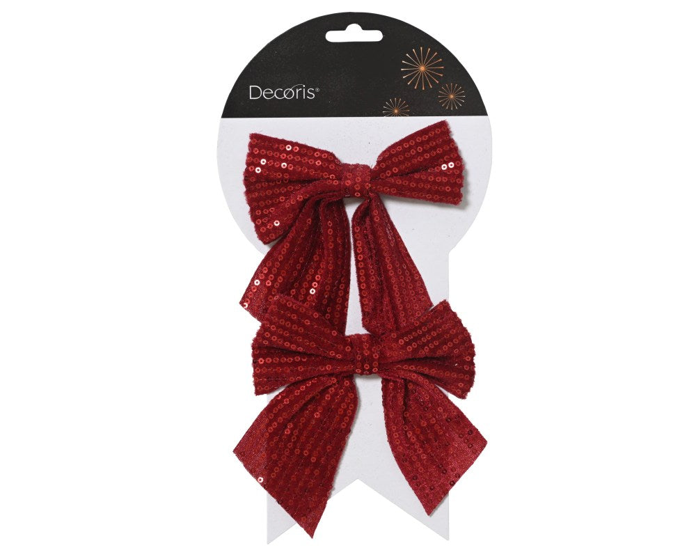 Kerststrik | polyester | ossenbloed met pailletten | set van 2 | 13cm