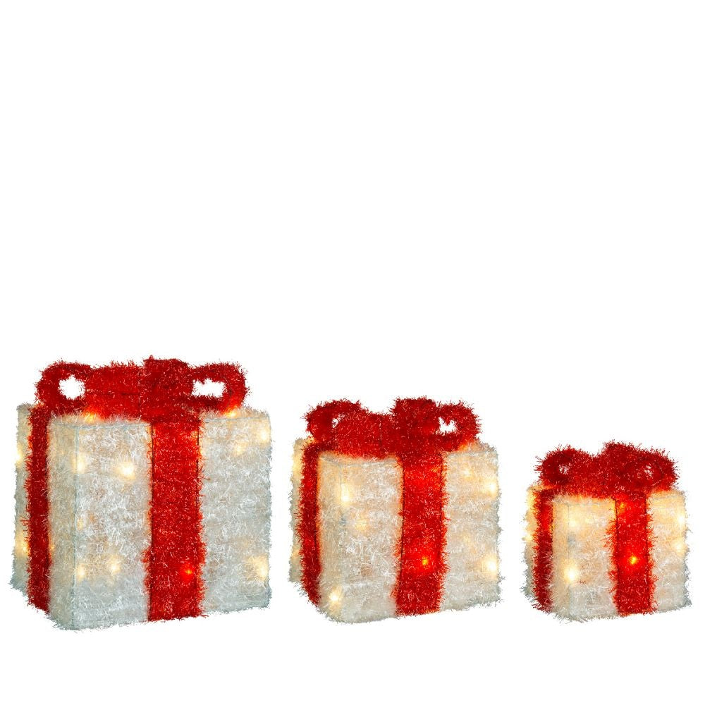 Cadeaus met strik en LED lampjes | 3-delig | kunststof | wit/rood