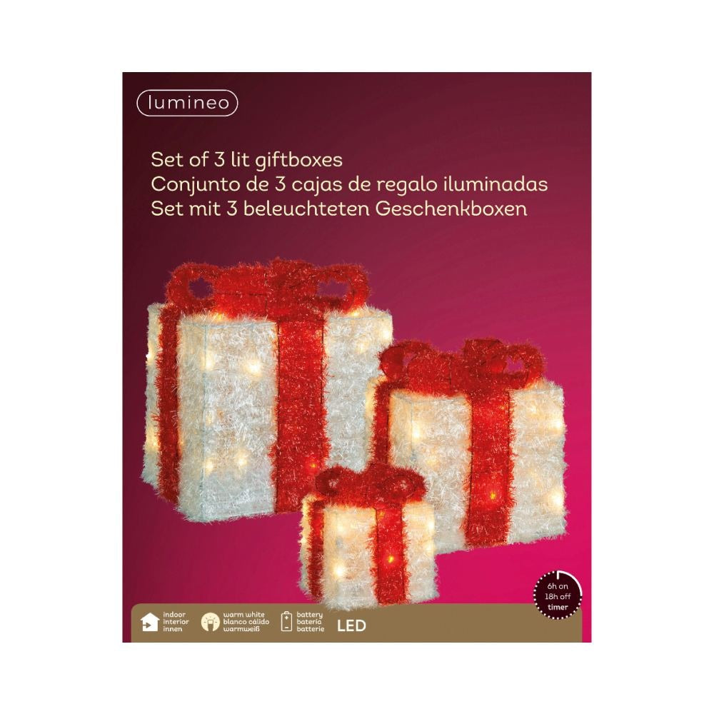 Cadeaus met strik en LED lampjes | 3-delig | kunststof | wit/rood