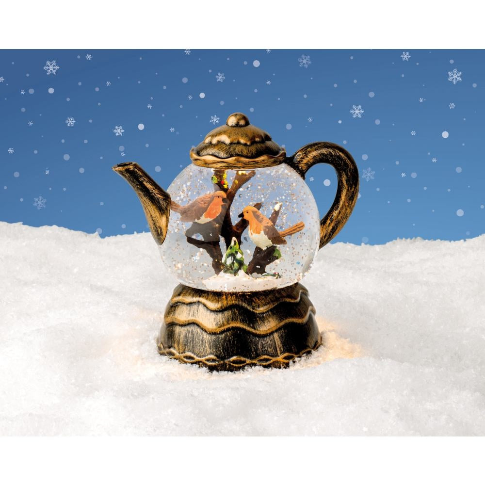 Sneeuwbol theepot met LED lampjes | goud/warm wit | 18cm