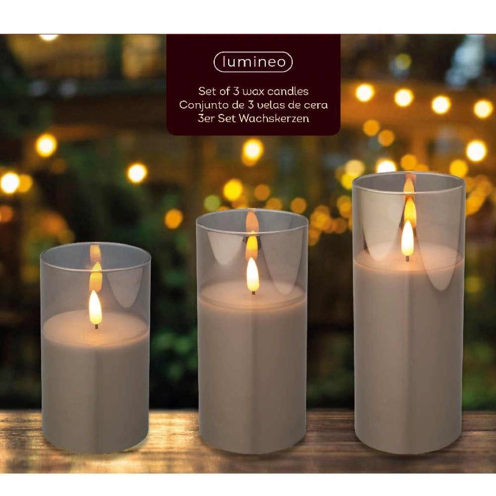 LED kaarsen set van 3 | glas & wax | rookgrijs/warm wit | ø7,5x17,5 / 15 / 12,5cm
