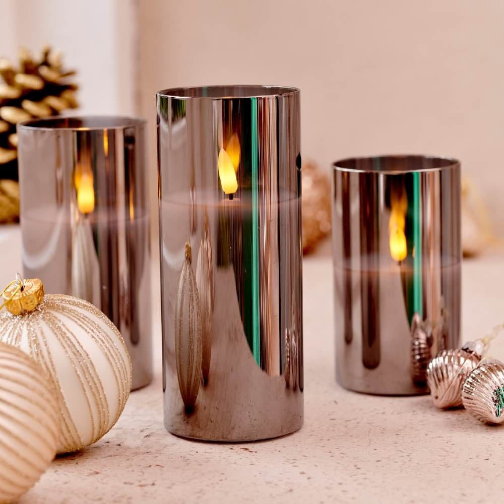LED kaarsen set van 3 | glas & wax | rookgrijs/warm wit | ø7,5x17,5 / 15 / 12,5cm