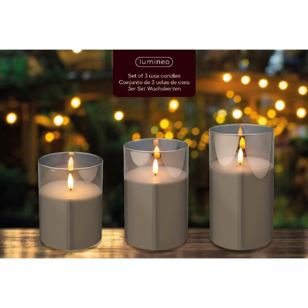 LED kaarsen set van 3 | glas & wax | rookgrijs/warm wit | ø10x17,5 / 15 / 12,5cm
