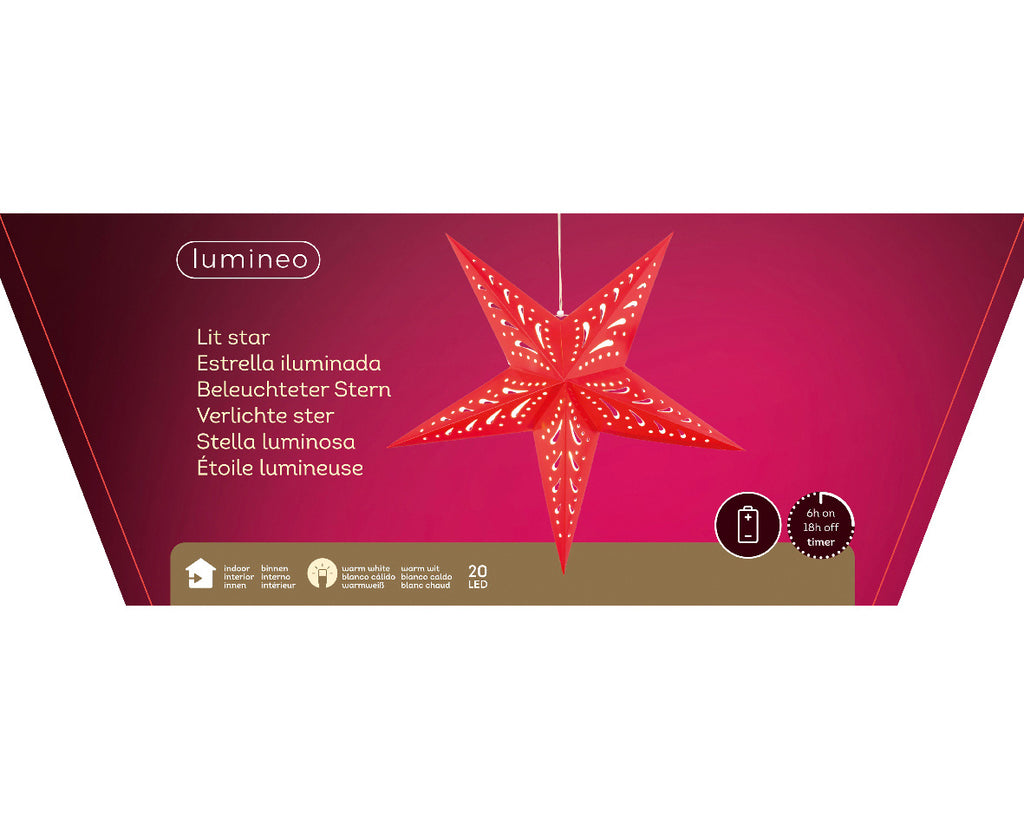 Ster kersthanger met lampjes | papier | ossenbloed | LED/warm wit | 60cm