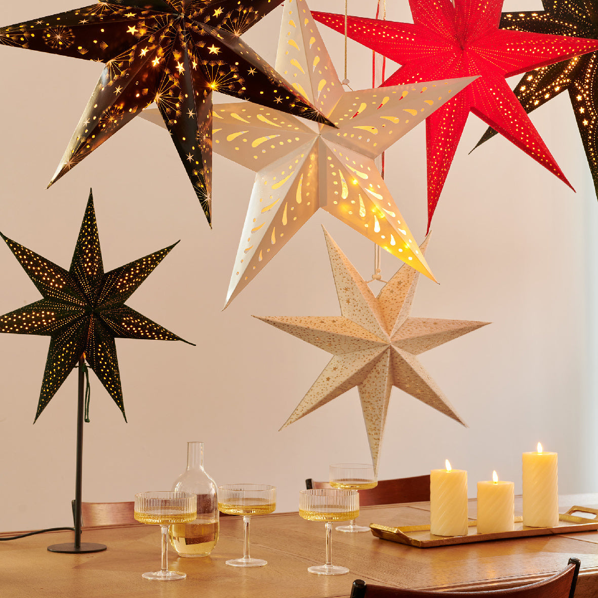 Ster kersthanger met lampjes | papier | wit met mandala | LED/warm wit | 60cm