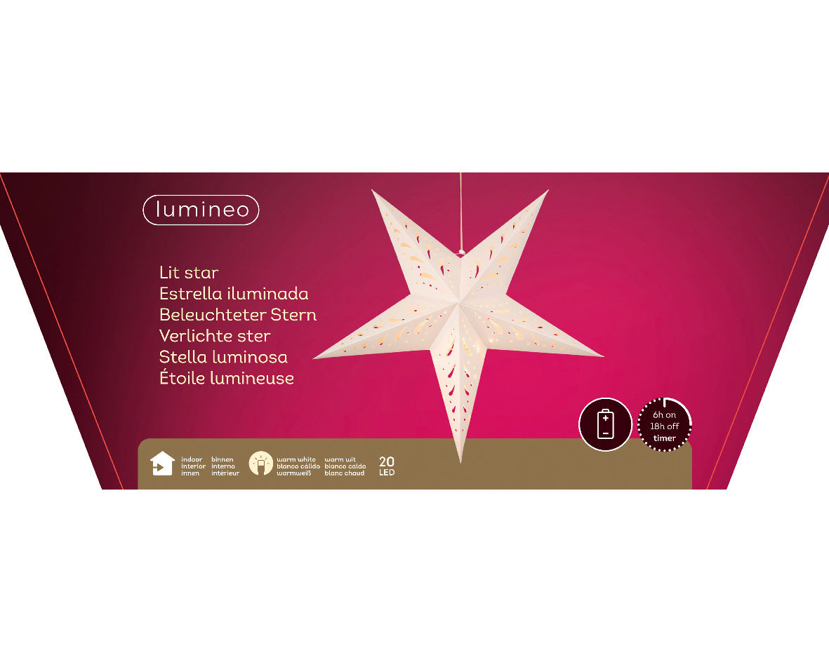Ster kersthanger met lampjes | papier | wit met mandala | LED/warm wit | 60cm