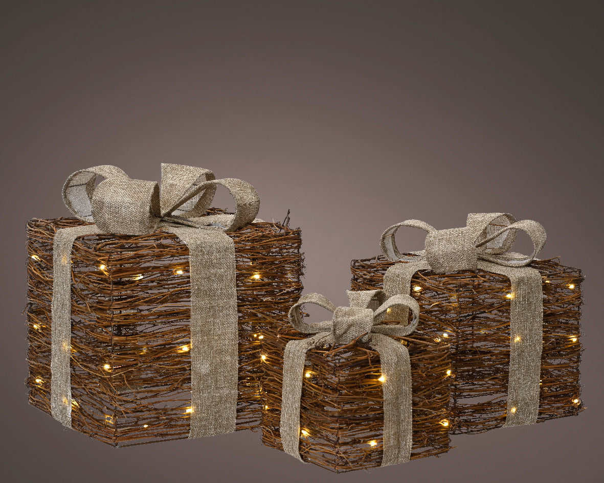 Cadeaus met LED lampjes | 3-delig | rotan