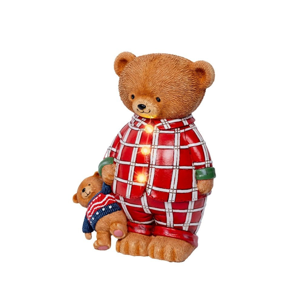 Beer in pyjama | polyresin | rood/wit met LED lampjes | 24cm