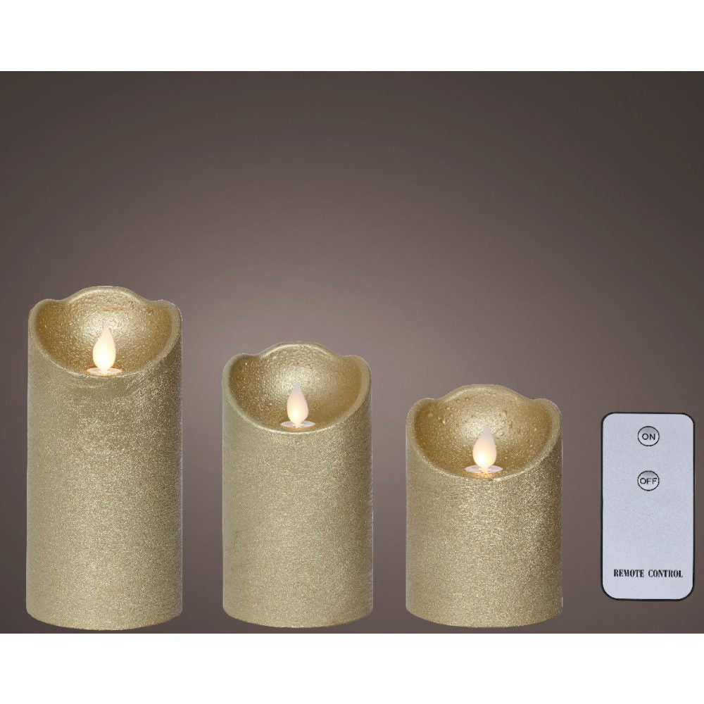 LED kaars set van 3 | wax | goud/warm wit met bewegend lampje | ø7,5x15/12,5/10cm