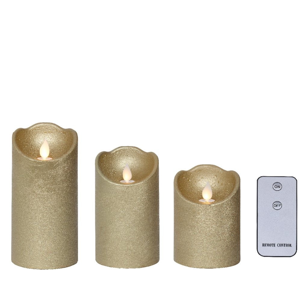 LED kaars set van 3 | wax | goud/warm wit met bewegend lampje | ø7,5x15/12,5/10cm