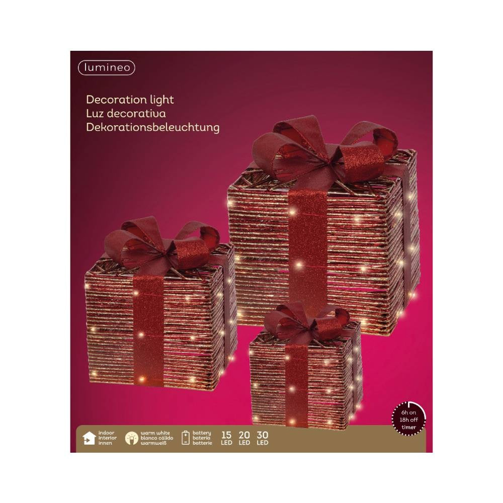 Cadeaus met LED lampjes | 3-delig | papier | rood
