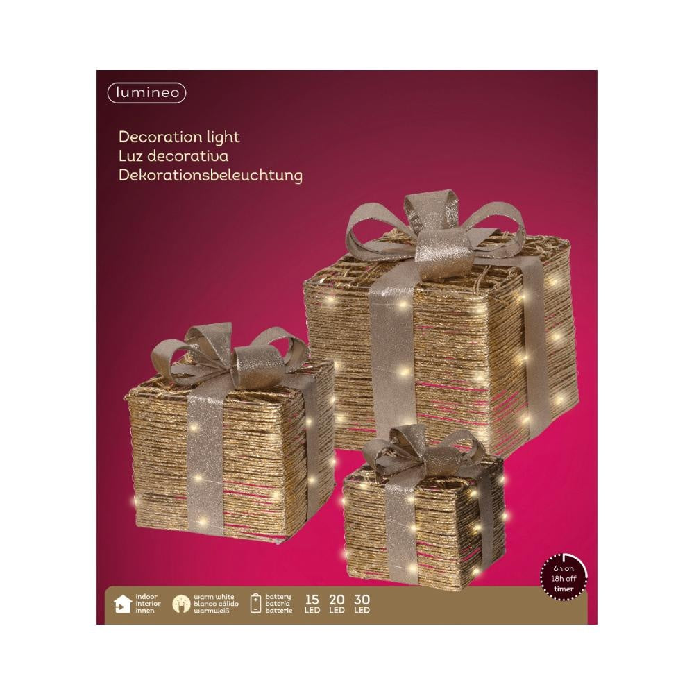 Cadeaus met LED lampjes | 3-delig | papier | goud