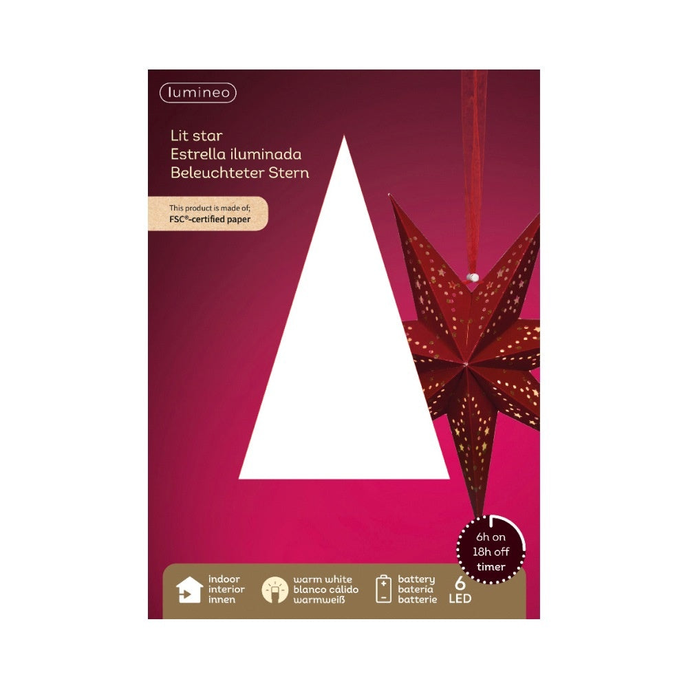 Kersthanger ster met LED lampjes | papier | rood | 18,5cm