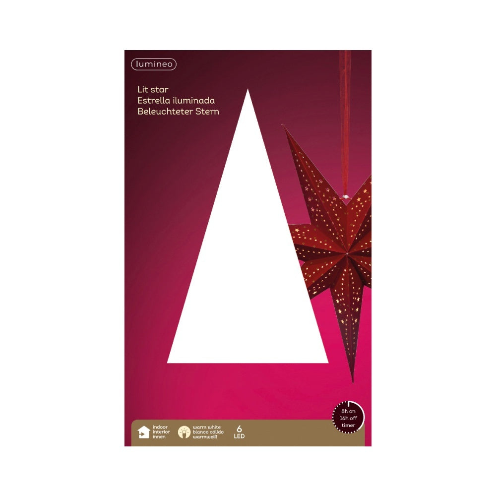 Kersthanger ster met LED lampjes | papier | rood | 24,5cm