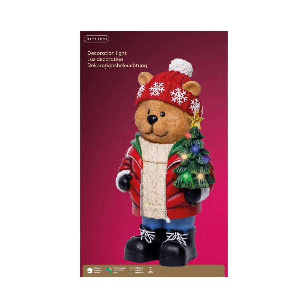 Beer met kerstboom | met LED verlichting | polyresin | rood | 38cm