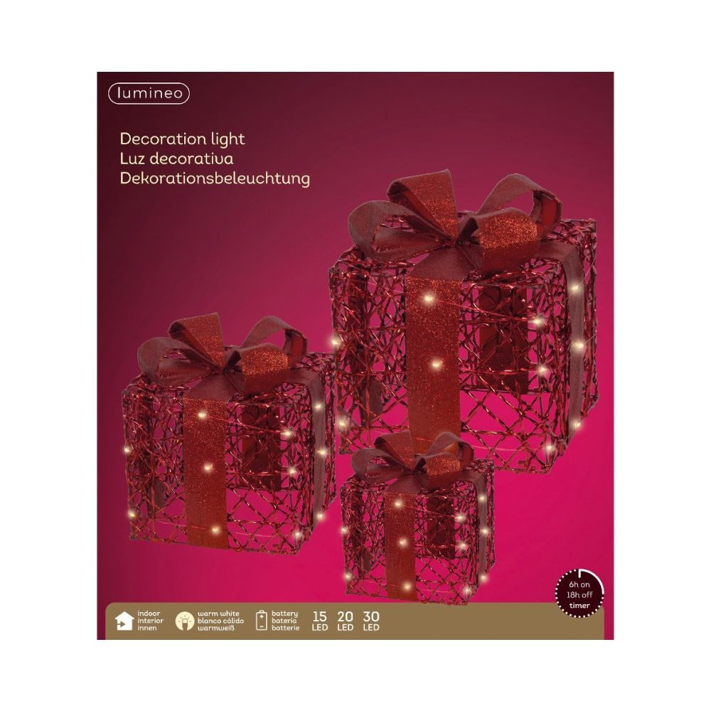 Cadeaus met LED lampjes | 3-delig | metaal | rood