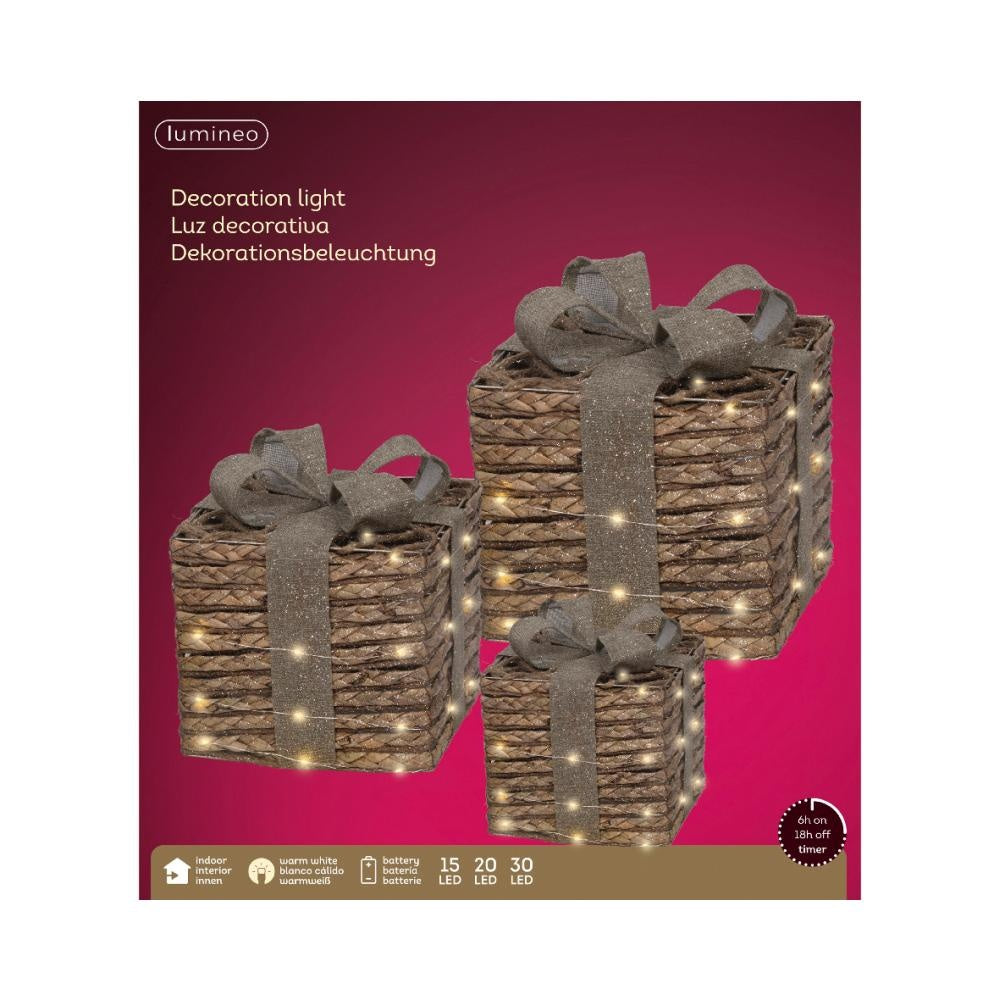Cadeaus met LED lampjes | 3-delig | jute